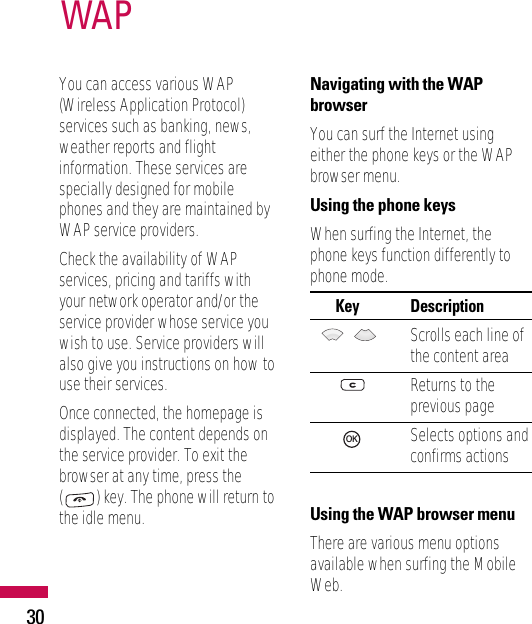 30You can access various WAP(Wireless Application Protocol)services such as banking, news,weather reports and flightinformation. These services arespecially designed for mobilephones and they are maintained byWAP service providers.Check the availability of WAPservices, pricing and tariffs withyour network operator and/or theservice provider whose service youwish to use. Service providers willalso give you instructions on how touse their services.Once connected, the homepage isdisplayed. The content depends onthe service provider. To exit thebrowser at any time, press the() key. The phone will return tothe idle menu.Navigating with the WAPbrowserYou can surf the Internet usingeither the phone keys or the WAPbrowser menu.Using the phone keysWhen surfing the Internet, thephone keys function differently tophone mode.Key      DescriptionScrolls each line ofthe content areaReturns to theprevious pageSelects options andconfirms actionsUsing the WAP browser menuThere are various menu optionsavailable when surfing the MobileWeb.OKWAP