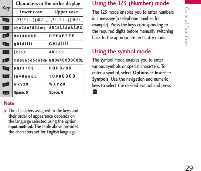 Note]The characters assigned to the keys andtheir order of appearance depends onthe language selected using the optionInput method.The table above providesthe characters set for English language.Using the 123 (Number) modeThe 123 mode enables you to enter numbersin a message(a telephone number, forexample). Press the keys corresponding tothe required digits before manually switchingback to the appropriate text entry mode.Using the symbol modeThe symbol mode enables you to entervarious symbols or special characters. Toenter a symbol, select Options &gt;Insert &gt;Symbols. Use the navigation and numerickeys to select the desired symbol and pressO.General Functions29Upper caseLower case. ,? ! ‘ “ 1 – ( ) @ / : _. ,? ! ‘ “ 1 – ( ) @ / : _AB C 2 À Á Â Ã Ä Å Æ Ça b c 2 à á â ã ä å æ ç D E F 3 È É Ê Ëd e f 3 è é ê ëG H I 4 Ì Í Î Ïg h i 4 ì í î ïJ K L 5 £j k l 5 £M N O 6 Ñ Ò Ó Ô Õ Ö Ø OEm n o 6 ñ ò ó ô õ ö ø oePQ R S 7 ß $p q r s 7 ß $T U V 8 Ù Ú Û Üt u v 8 ù ú û üW X Y Z 9w x y z 9Space, 0Space, 0Characters in the order displayKey1234567890