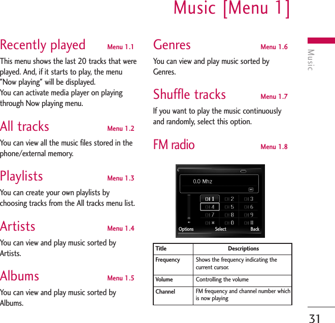 MusicMusic [Menu 1]31Recently played Menu 1.1This menu shows the last 20 tracks that wereplayed. And, if it starts to play, the menu&quot;Now playing&quot; will be displayed.You can activate media player on playingthrough Now playing menu.All tracks Menu 1.2You can view all the music files stored in thephone/external memory.Playlists Menu 1.3You can create your own playlists bychoosing tracks from the All tracks menu list.Artists Menu 1.4You can view and play music sorted byArtists.Albums Menu 1.5You can view and play music sorted byAlbums.Genres Menu 1.6You can view and play music sorted byGenres.Shuffle tracks Menu 1.7If you want to play the music continuouslyand randomly, select this option.FM radioMenu 1.8Shows the frequency indicating thecurrent cursor.FrequencyControlling the volumeVolumeFM frequency and channel number whichis now playingChannelTitle DescriptionsOptions Select Back