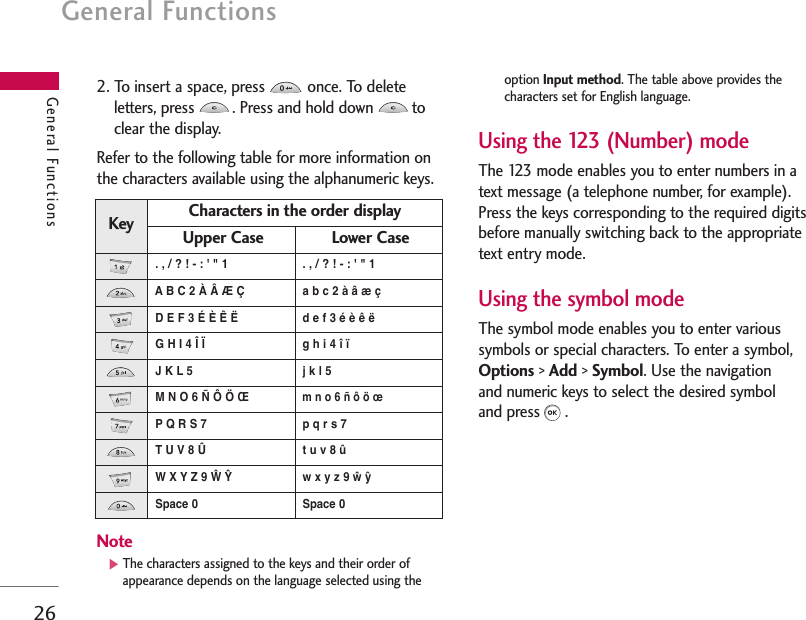 General Functions26General Functions2. To insert a space, press  once. To deleteletters, press  . Press and hold down  toclear the display. Refer to the following table for more information onthe characters available using the alphanumeric keys.Note]The characters assigned to the keys and their order ofappearance depends on the language selected using theoption Input method. The table above provides thecharacters set for English language.Using the 123 (Number) modeThe 123 mode enables you to enter numbers in atext message (a telephone number, for example).Press the keys corresponding to the required digitsbefore manually switching back to the appropriatetext entry mode.Using the symbol modeThe symbol mode enables you to enter varioussymbols or special characters. To enter a symbol,Options &gt; Add &gt; Symbol. Use the navigation and numeric keys to select the desired symbol and press .Lower CaseUpper Case. , / ? ! - : &apos; &quot; 1. , / ? ! - : &apos; &quot; 1a b c 2 à â æ çA B C 2 À Â Æ Çd e f 3 é è ê ëD E F 3 É È Ê Ëg h i 4 î ïG H I 4 Î Ïj k l 5J K L 5m n o 6 ñ ô ö œM N O 6 Ñ Ô Ö Œp q r s 7P Q R S 7t u v 8 ûT U V 8 Ûw x y z 9 w yW X Y Z 9 W YSpace 0Space 0Characters in the order displayKeyˆ  ˆ ˆ  ˆ