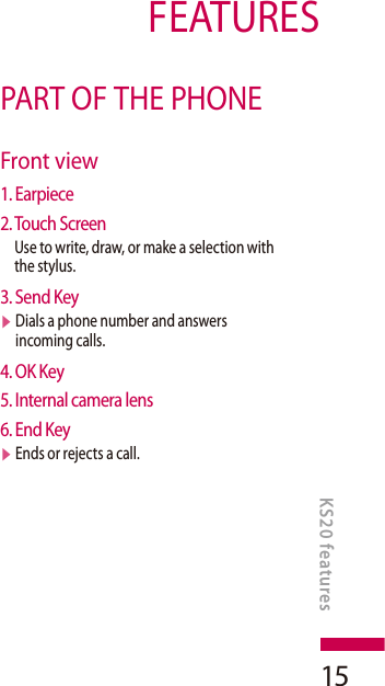 15PART OF THE PHONEFront view1. Earpiece2. Touch ScreenUse to write, draw, or make a selection with the stylus.3. Send Keyv  Dials a phone number and answers  incoming calls.4. OK Key5. Internal camera lens6. End Keyv  Ends or rejects a call.FEATURESKS20 features