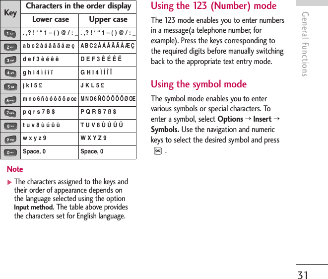 Note]The characters assigned to the keys andtheir order of appearance depends onthe language selected using the optionInput method.The table above providesthe characters set for English language.Using the 123 (Number) modeThe 123 mode enables you to enter numbersin a message(a telephone number, forexample). Press the keys corresponding tothe required digits before manually switchingback to the appropriate text entry mode.Using the symbol modeThe symbol mode enables you to entervarious symbols or special characters. Toenter a symbol, select Options &gt;Insert &gt;Symbols. Use the navigation and numerickeys to select the desired symbol and press.General Functions31Upper caseLower case. ,? ! ‘ “ 1 – ( ) @ / : _. ,? ! ‘ “ 1 – ( ) @ / : _A B C 2 À Á Â Ã Ä Å Æ Ça b c 2 à á â ã ä å æ ç D E F 3 È É Ê Ëd e f 3 è é ê ëG H I 4 Ì Í Î Ïg h i 4 ì í î ïJ K L 5 £j k l 5 £M N O 6 Ñ Ò Ó Ô Õ Ö Ø OEm n o 6 ñ ò ó ô õ ö ø oeP Q R S 7 ß $p q r s 7 ß $T U V 8 Ù Ú Û Üt u v 8 ù ú û üW X Y Z 9w x y z 9Space, 0Space, 0Characters in the order displayKey
