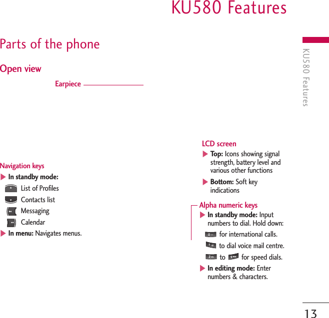 KU580 FeaturesKU580 Features13Parts of the phoneOpen viewEarpieceNavigation keys ]In standby mode:List of ProfilesContacts listMessagingCalendar]In menu: Navigates menus.LCD screen]Top: Icons showing signalstrength, battery level andvarious other functions]Bottom: Soft keyindicationsAlpha numeric keys ]In standby mode: Inputnumbers to dial. Hold down:for international calls.to dial voice mail centre.to  for speed dials.]In editing mode: Enternumbers &amp; characters.