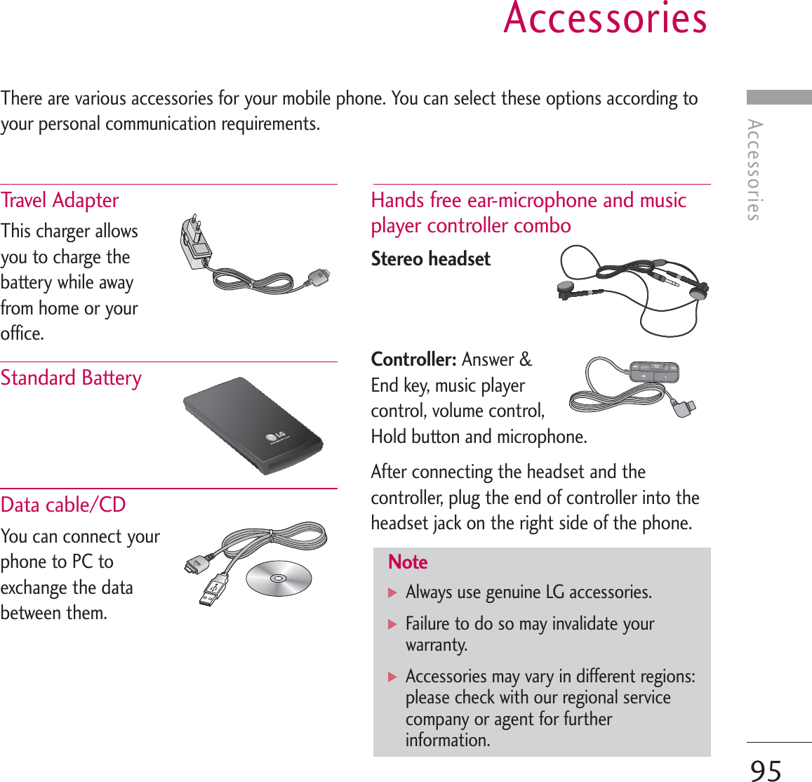 AccessoriesAccessories95There are various accessories for your mobile phone. You can select these options according toyour personal communication requirements.Trave l  Ad a pte r  This charger allowsyou to charge thebattery while awayfrom home or youroffice.Standard Battery Data cable/CD You can connect yourphone to PC toexchange the databetween them. Hands free ear-microphone and musicplayer controller combo Stereo headsetController: Answer &amp;End key, music playercontrol, volume control,Hold button and microphone.After connecting the headset and thecontroller, plug the end of controller into theheadset jack on the right side of the phone.Note] Always use genuine LG accessories.] Failure to do so may invalidate yourwarranty.] Accessories may vary in different regions:please check with our regional servicecompany or agent for furtherinformation.