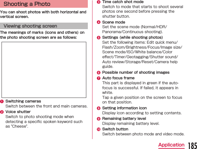 Shooting a PhotoYou can shoot photos with both horizontal and vertical screen.Viewing shooting screenThe meanings of marks (icons and others) on the photo shooting screen are as follows:a Switching camerasb Voice shutterc Time catch shot moded Scene modee Settings (while shooting photos)󰮏f Possible number of shooting imagesg Auto focus frameh Setting information iconi Remaining battery levelj Switch button185Application