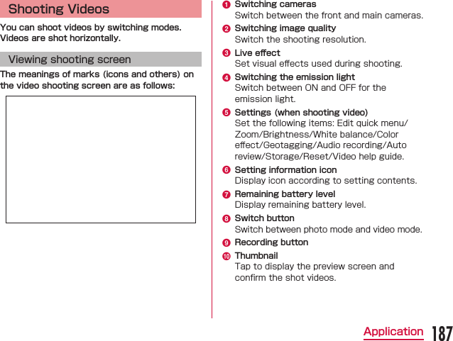 Shooting VideosYou can shoot videos by switching modes.Videos are shot horizontally.Viewing shooting screenThe meanings of marks (icons and others) on the video shooting screen are as follows:a Switching camerasb Switching image qualityc Live eﬀect󰮏d Switching the emission lighte Settings (when shooting video)󰮏f Setting information icong Remaining battery levelh Switch buttoni Recording buttonj Thumbnail187Application