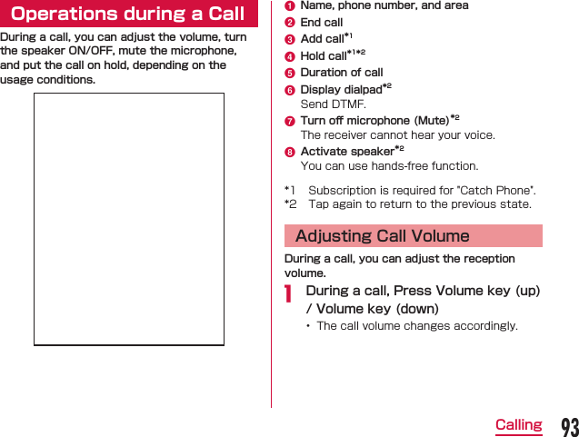 Operations during a CallDuring a call, you can adjust the volume, turn the speaker ON/OFF, mute the microphone, and put the call on hold, depending on the usage conditions.a Name, phone number, and areab End callc Add call*1d Hold call*1*2e Duration of callf Display dialpad*2g Turn oﬀ microphone (Mute)*2h Activate speaker*2  Adjusting Call VolumeDuring a call, you can adjust the reception volume. During a call, Press Volume key (up) / Volume key (down) 93Calling