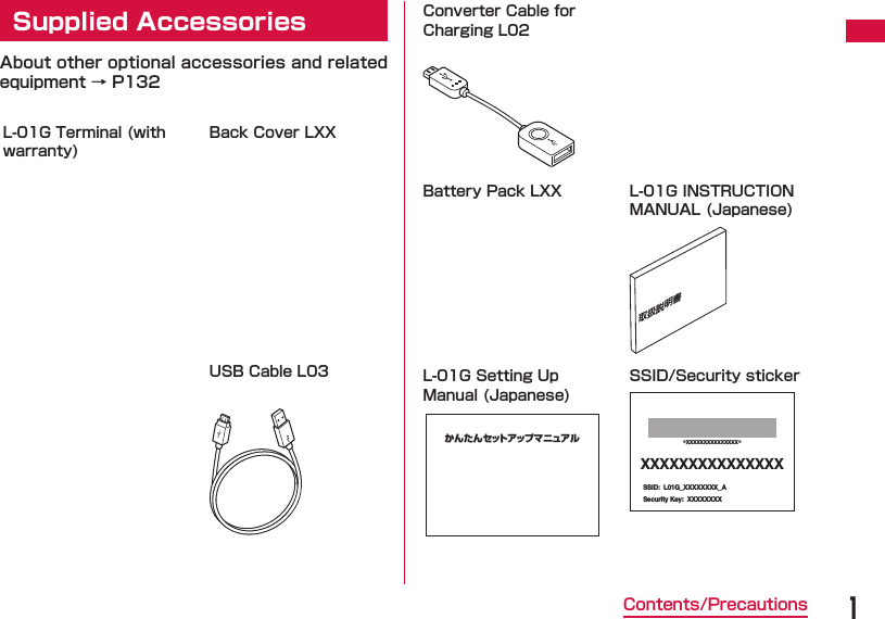 1Contents/Precautions Supplied AccessoriesAbout other optional accessories and related equipment → P132L-01G Terminal (with warranty)Back Cover LXXUSB Cable L03Converter Cable for Charging L02Battery Pack LXX L-01G INSTRUCTION MANUAL (Japanese)取扱説明書L-01G Setting UpManual (Japanese)かんたんセットアップマニュア ルSSID/Security stickerSSID:  L01G_XXXXXXXX_ASecurity Key:  XXXXXXXXXXXXXXXXXXXXXXX※XXXXXXXXXXXXXXX※
