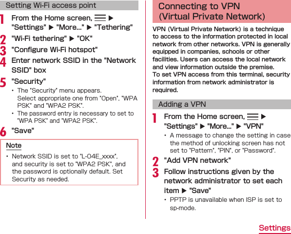 Setting Wi-Fi access pointa  uuubucde f Adding a VPNa  uuu bcu 
