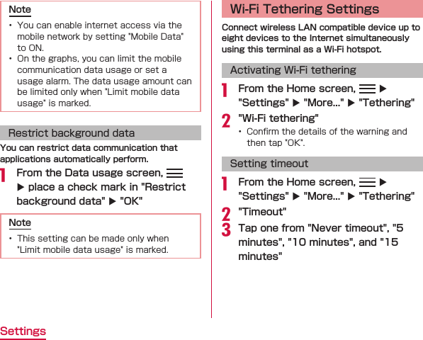   Restrict background dataa  uu Activating Wi-Fi tetheringa  uuub Setting timeouta  uuubc