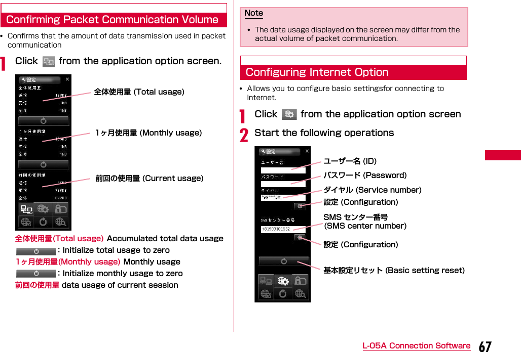 67L-05A Connection SoftwareConfirming Packet Communication Volume•Confirms that the amount of data transmission used in packet communicationaClick   from the application option screen.全体使用量(Total usage) Accumulated total data usage：Initialize total usage to zero1ヶ月使用量(Monthly usage) Monthly usage：Initialize monthly usage to zero前回の使用量 data usage of current sessionConfiguring Internet Option•Allows you to configure basic settingsfor connecting to Internet.aClick   from the application option screenbStart the following operations1ヶ月使用量 (Monthly usage)前回の使用量 (Current usage)全体使用量 (Total usage) Note•The data usage displayed on the screen may differ from the actual volume of packet communication.ユーザー名 (ID)パスワード (Password)ダイヤル (Service number)設定 (Configuration)SMS センター番号(SMS center number)基本設定リセット (Basic setting reset)設定 (Configuration)