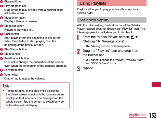 a Elapsed timeb Play progress barDrag or tap to play a video from a desired point within the video.c Video informationDisplays titles/artist names.d Video list buttonReturn to the video list.e Back buttonStart playing from the beginning of the current video. Double-tap to start playing from the beginning of the previous video.f Play/Pause buttong Video lengthh Rotation lock buttonLock not to change the orientation of the screen even when the orientation of the terminal changes.i Forward buttonj Volume barDrag or tap to adjust the volume.Note •Tilt the terminal to the side while displaying the Video screen to switch to horizontal screen display so that videos can be displayed on the whole screen. Tap the screen to switch between button display/not display.Using PlaylistsPlaylists allow you to play your favorite songs in a desired order.Set to view playlistsWith the initial setting, the bottom bar of the &quot;Media Player&quot; screen does not display the &quot;Play list&quot; icon. The following operation will allow you to display it.a From the &quot;Media Player&quot; screen,   u &quot;Settings&quot; u &quot;Arrange icons&quot; •The &quot;Arrange icons&quot; screen appears.bDrag the &quot;Play list&quot; icon and drop it on the bottom bar •You cannot change the &quot;Movie&quot;, &quot;MUSIC Store&quot;, and &quot;VIDEO Store&quot; icons.c&quot;Apply&quot;153Application