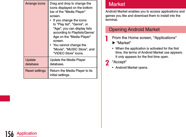 Arrange icons Drag and drop to change the icons displayed on the bottom bar of the &quot;Media Player&quot; screen. •If you change the icons to &quot;Play list&quot;, &quot;Genre&quot;, or &quot;Age&quot;, you can display lists according to Playlists/Genre/Age on the &quot;Media Player&quot; screen. •You cannot change the &quot;Movie&quot;, &quot;MUSIC Store&quot;, and &quot;VIDEO Store&quot; icons.Update databaseUpdate the Media Player database.Reset settings Return the Media Player to its initial settings.MarketAndroid Market enables you to access applications and games you like and download them to install into the terminal.Opening Android Marketa From the Home screen, &quot;Applications&quot; u &quot;Market&quot;  •When the application is activated for the first time, the terms of Android Market use appears. It only appears for the first time open.b&quot;Accept&quot; •Android Market opens.156Application