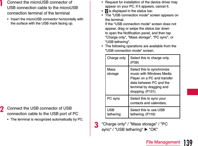 a Connect the microUSB connector of USB connection cable to the microUSB connection terminal of the terminal •Insert the microUSB connector horizontally with the surface with the USB mark facing up.bConnect the USB connector of USB connection cable to the USB port of PC •The terminal is recognized automatically by PC. •Request for installation of the device driver may appear on your PC. If it appears, cancel it. • is displayed in the status bar. •The &quot;USB connection mode&quot; screen appears on the terminal.If the &quot;USB connection mode&quot; screen does not appear, drag or swipe the status bar down to open the Notification panel, and then tap &quot;Charge only&quot;, &quot;Mass storage&quot;, &quot;PC sync&quot;, or &quot;USB tethering&quot;. •The following operations are available from the &quot;USB connection mode&quot; screen.Charge only Select this to charge only. (P39)Mass storageSelect this to synchronize music with Windows Media Player on a PC and transfer data between PC and the terminal by dragging and dropping. (P131)PC sync Select this to sync your contacts and calendars.USB tetheringSelect this to use USB tethering. (P119)c&quot;Charge only&quot; / &quot;Mass storage&quot; / &quot;PC sync&quot; / &quot;USB tethering&quot; u &quot;OK&quot;139File Management