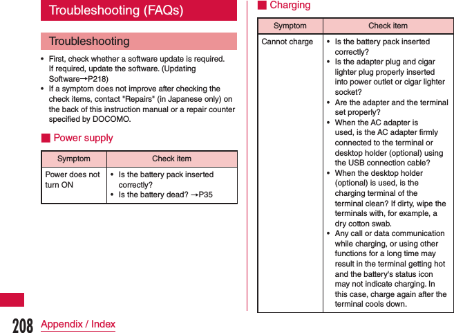 Troubleshooting (FAQs)Troubleshooting •First, check whether a software update is required. If required, update the software. (Updating Software→P218) •If a symptom does not improve after checking the check items, contact &quot;Repairs&quot; (in Japanese only) on the back of this instruction manual or a repair counter specified by DOCOMO.■ Power supplySymptom Check itemPower does not turn ON •Is the battery pack inserted correctly? •Is the battery dead? →P35■ ChargingSymptom Check itemCannot charge  •Is the battery pack inserted correctly? •Is the adapter plug and cigar lighter plug properly inserted into power outlet or cigar lighter socket? •Are the adapter and the terminal set properly? •When the AC adapter is used, is the AC adapter firmly connected to the terminal or desktop holder (optional) using the USB connection cable? •When the desktop holder (optional) is used, is the charging terminal of the terminal clean? If dirty, wipe the terminals with, for example, a dry cotton swab. •Any call or data communication while charging, or using other functions for a long time may result in the terminal getting hot and the battery&apos;s status icon may not indicate charging. In this case, charge again after the terminal cools down.208Appendix / Index