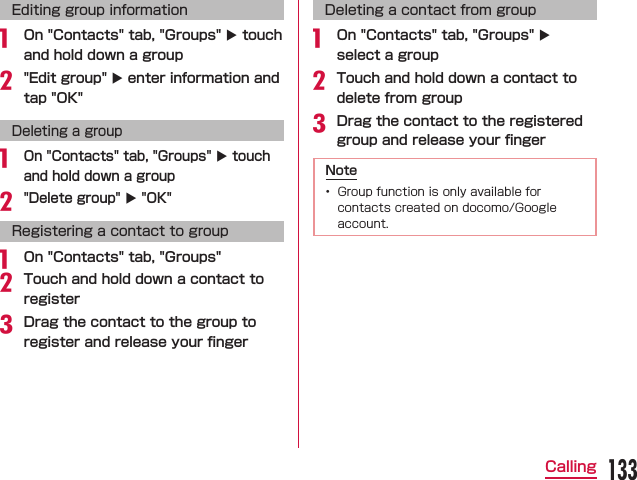 Editing group informationa ubuDeleting a groupaubuRegistering a contact to groupa bcDeleting a contact from groupa ubc 133