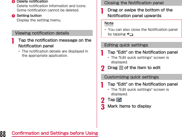 f g Viewing notication detailsa  Closing the Notication panela   Editing quick settingsa  b Customizing quick settingsa  bc88