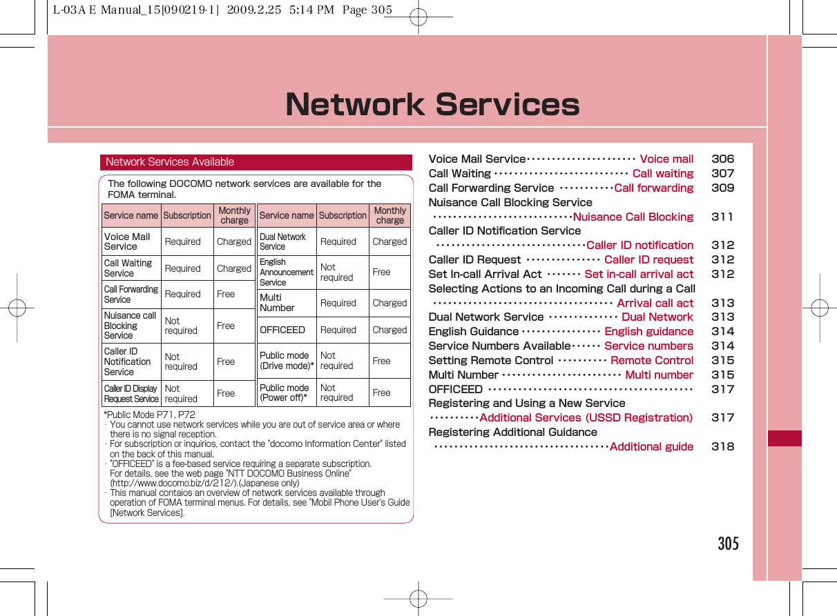 Network ServicesThe following DOCOMO network services are available for theFOMA terminal.Voice Mail Service･･････････････････････ Voice mail 306Call Waiting ･･･････････････････････････ Call waiting 307Call Forwarding Service  ･･･････････Call forwarding 309Nuisance Call Blocking Service････････････････････････････Nuisance Call Blocking 311Caller ID Notification Service･･････････････････････････････Caller ID notification 312Caller ID Request ･･･････････････ Caller ID request 312Set In-call Arrival Act ･･･････ Set in-call arrival act 312Selecting Actions to an Incoming Call during a Call ････････････････････････････････････ Arrival call act 313Dual Network Service ･･････････････ Dual Network 313English Guidance ････････････････ English guidance 314Service Numbers Available･･････ Service numbers 314Setting Remote Control ･･････････ Remote Control 315Multi Number ････････････････････････ Multi number 315OFFICEED ･････････････････････････････････････････ 317Registering and Using a New Service･･････････Additional Services (USSD Registration) 317Registering Additional Guidance･･･････････････････････････････････Additional guide 318305Network Services AvailableService name MonthlychargeSubscriptionVoice MailServiceCall WaitingServiceCall ForwardingServiceNuisance callBlockingServiceCaller IDNotificationServiceCaller ID DisplayRequest ServiceRequiredRequiredRequiredNotrequiredNotrequiredNotrequiredChargedChargedFreeFreeFreeFree*Public Mode P71, P72･ You cannot use network services while you are out of service area or wherethere is no signal reception.･ For subscription or inquirios, contact the &quot;docomo Information Center&quot; listedon the back of this manual.･ &quot;OFFICEED&quot; is a fee-based service requiring a separate subscription. For details, see the web page &quot;NTT DOCOMO Business Online&quot;(http://www.docomo.biz/d/212/).(Japanese only)･ This manual contaios an overview of network services available throughoperation of FOMA terminal menus. For details, see &quot;Mobil Phone User&apos;s Guide[Network Services].Service name MonthlychargeSubscriptionDual NetworkServiceEnglishAnnouncementServiceMultiNumberPublic mode(Drive mode)*Public mode(Power off)*RequiredNotrequiredRequiredNotrequiredNotrequiredChargedFreeChargedFreeFreeOFFICEEDRequired Charged