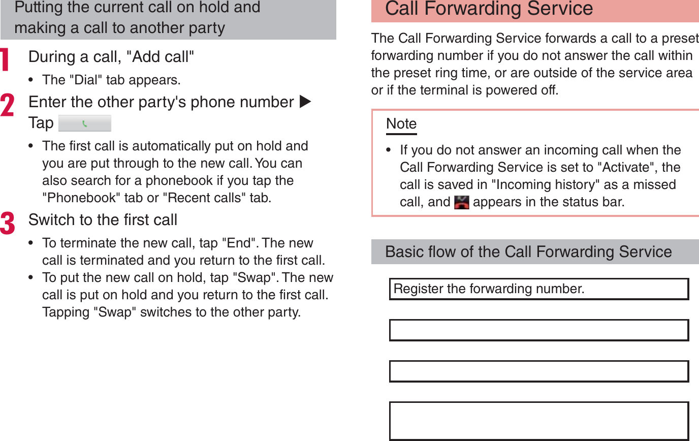 Putting the current call on hold and making a call to another party During a call, &quot;Add call&quot; rThe &quot;Dial&quot; tab appears.Enter the other party&apos;s phone number X Tap  rThe first call is automatically put on hold and you are put through to the new call. You can also search for a phonebook if you tap the &quot;Phonebook&quot; tab or &quot;Recent calls&quot; tab.Switch to the first call rTo terminate the new call, tap &quot;End&quot;. The new call is terminated and you return to the first call. rTo put the new call on hold, tap &quot;Swap&quot;. The new call is put on hold and you return to the first call. Tapping &quot;Swap&quot; switches to the other party.Call Forwarding ServiceThe Call Forwarding Service forwards a call to a preset forwarding number if you do not answer the call within the preset ring time, or are outside of the service area or if the terminal is powered off.Note rIf you do not answer an incoming call when the Call Forwarding Service is set to &quot;Activate&quot;, the call is saved in &quot;Incoming history&quot; as a missed call, and   appears in the status bar.Basic flow of the Call Forwarding ServiceRegister the forwarding number.