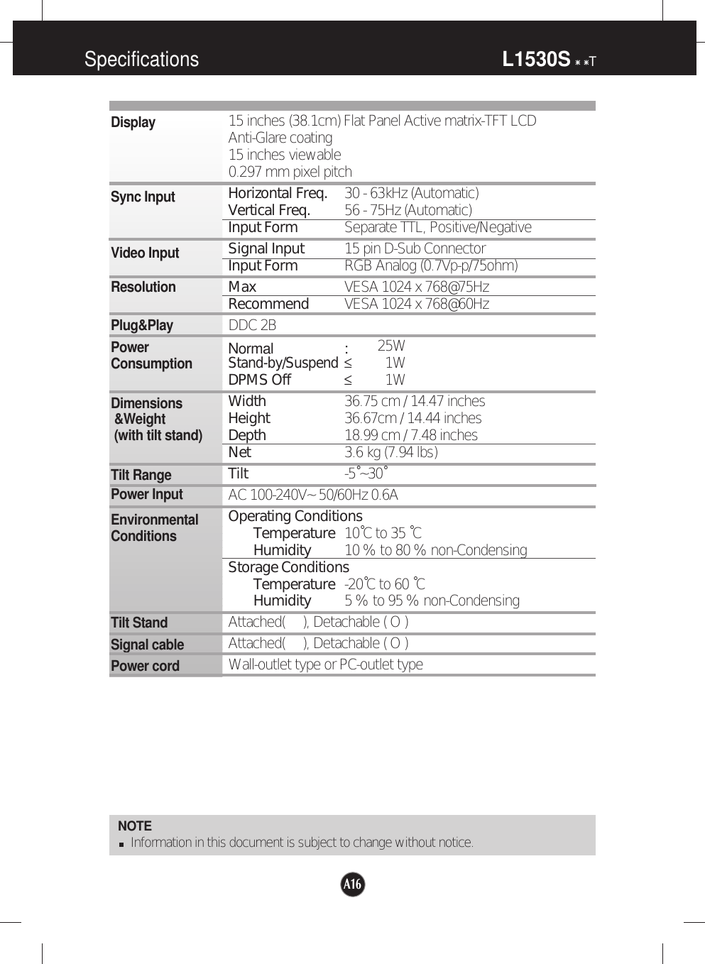 A16SpecificationsL1530S TNOTEInformation in this document is subject to change without notice.15 inches (38.1cm) Flat Panel Active matrix-TFT LCD Anti-Glare coating15 inches viewable0.297 mm pixel pitchHorizontal Freq. 30 - 63kHz (Automatic)Vertical Freq. 56 - 75Hz (Automatic)Input Form Separate TTL, Positive/NegativeSignal Input 15 pin D-Sub ConnectorInput Form RGB Analog (0.7Vp-p/75ohm)Max VESA 1024 x 768@75Hz Recommend VESA 1024 x 768@60HzDDC 2BNormal :25WStand-by/Suspend≤1WDPMS Off ≤1WWidth 36.75 cm / 14.47 inchesHeight 36.67cm / 14.44 inchesDepth 18.99 cm / 7.48 inchesNet 3.6 kg (7.94 lbs)Tilt -5˚~30˚AC 100-240V~ 50/60Hz 0.6AOperating ConditionsTemperature 10˚C to 35 ˚CHumidity 10 % to 80 % non-CondensingStorage ConditionsTemperature -20˚C to 60 ˚CHumidity 5 % to 95 % non-CondensingAttached(     ), Detachable ( O )Attached(     ), Detachable ( O )Wall-outlet type or PC-outlet typeDisplaySync InputVideo InputResolutionPlug&amp;PlayPowerConsumptionDimensions&amp;Weight(with tilt stand)Tilt RangePower InputEnvironmentalConditionsTilt StandSignal cablePower cord 