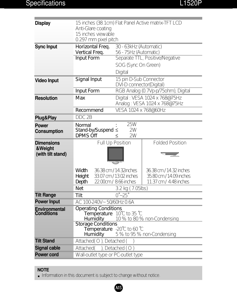 A15Specifications                                                                L1520PNOTEInformation in this document is subject to change without notice.15 inches (38.1cm) Flat Panel Active matrix-TFT LCD Anti-Glare coating15 inches viewable0.297 mm pixel pitchHorizontal Freq. 30 - 63kHz (Automatic)Vertical Freq. 56 - 75Hz (Automatic)Input Form Separate TTL, Positive/NegativeSOG (Sync On Green)DigitalSignal Input 15 pin D-Sub ConnectorDVI-D connector(Digital)Input Form RGB Analog (0.7Vp-p/75ohm), DigitalMax Digital : VESA 1024 x 768@75Hz Analog : VESA 1024 x 768@75Hz Recommend VESA 1024 x 768@60HzDDC 2BNormal :25WStand-by/Suspend≤2WDPMS Off ≤2WFull Up Position                 Folded PositionWidth   36.38 cm / 14.32inches         36.38 cm / 14.32 inchesHeight   33.07 cm / 13.02 inches         35.80 cm / 14.09 inchesDepth  22.00cm /  8.66 inches           11.37 cm /  4.48 inchesNet 3.2 kg ( 7.05lbs)Tilt 0˚~25˚AC 100-240V~ 50/60Hz 0.6AOperating ConditionsTemperature 10˚C to 35 ˚CHumidity 10 % to 80 % non-CondensingStorage ConditionsTemperature -20˚C to 60 ˚CHumidity 5 % to 95 % non-CondensingAttached( O ), Detached (     )Attached(     ), Detached ( O )Wall-outlet type or PC-outlet typeDisplaySync InputVideo InputResolutionPlug&amp;PlayPowerConsumptionDimensions&amp;Weight(with tilt stand)Tilt RangePower InputEnvironmentalConditionsTilt StandSignal cablePower cord 