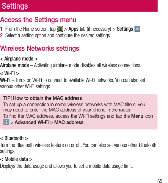 Page 66 of LG Electronics USA L16C Cellular/PCS CDMA Phone with WLAN and Bluetooth User Manual