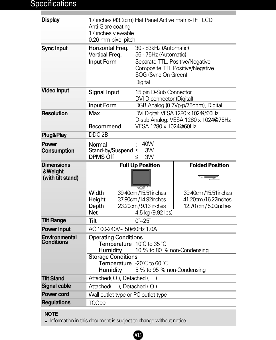 A15SpecificationsNOTEInformation in this document is subject to change without notice.17 inches (43.2cm) Flat Panel Active matrix-TFT LCD Anti-Glare coating17 inches viewable0.26 mm pixel pitchHorizontal Freq. 30 - 83kHz (Automatic)Vertical Freq. 56 - 75Hz (Automatic)Input Form Separate TTL, Positive/NegativeComposite TTL Positive/NegativeSOG (Sync On Green) DigitalSignal Input 15 pin D-Sub ConnectorDVI-D connector (Digital)Input Form RGB Analog (0.7Vp-p/75ohm), DigitalMax DVI Digital: VESA 1280 x 1024@60HzD-sub Analog: VESA 1280 x 1024@75Hz Recommend VESA 1280 x 1024@60HzDDC 2BNormal :40WStand-by/Suspend≤3WDPMS Off ≤3W Full Up Position                     Folded PositionWidth          39.40cm /15.51inches               39.40cm /15.51inchesHeight         37.90cm /14.92inches 41.20cm /16.22inchesDepth          23.20cm / 9.13 inches               12.70 cm / 5.00inchesNet 4.5 kg (9.92 lbs)Tilt 0˚~25˚AC 100-240V~ 50/60Hz 1.0AOperating ConditionsTemperature 10˚C to 35 ˚CHumidity 10 % to 80 % non-CondensingStorage ConditionsTemperature -20˚C to 60 ˚CHumidity 5 % to 95 % non-CondensingAttached( O ), Detached (     )Attached(     ), Detached ( O )Wall-outlet type or PC-outlet typeTCO99DisplaySync InputVideo InputResolutionPlug&amp;PlayPowerConsumptionDimensions&amp;Weight(with tilt stand)Tilt RangePower InputEnvironmentalConditionsTilt StandSignal cablePower cord Regulations