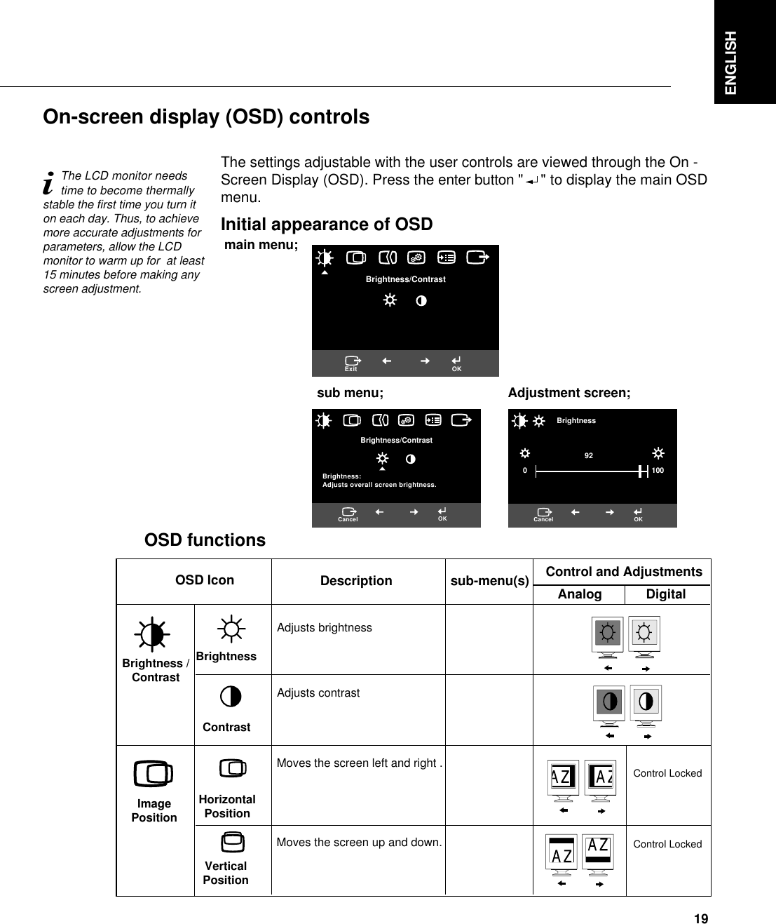 ENGLISH19The settings adjustable with the user controls are viewed through the On -Screen Display (OSD). Press the enter button &quot; &quot; to display the main OSDmenu.Initial appearance of OSDOn-screen display (OSD) controlsiThe LCD monitor needstime to become thermallystable the first time you turn iton each day. Thus, to achievemore accurate adjustments forparameters, allow the LCDmonitor to warm up for  at least15 minutes before making anyscreen adjustment.Brightness/ContrastExit OKBrightness/ContrastBrightness:Adjusts overall screen brightness.Cancel OKBrightness092100Cancel OKOSD functionsOSD Icon Description sub-menu(s) Control and AdjustmentsAdjusts brightnessAdjusts contrastBrightnessContrastsub menu;  Adjustment screen; main menu; HorizontalPositionVerticalPositionMoves the screen left and right .Moves the screen up and down.Brightness /ContrastImagePositionAnalog            DigitalControl LockedControl Locked