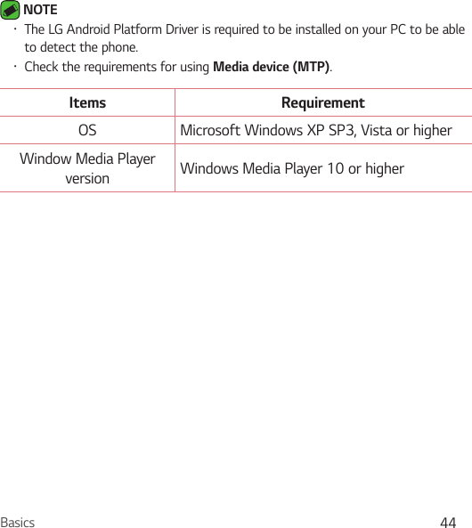Basics 44 NOTE Ţ The LG Android Platform Driver is required to be installed on your PC to be able to detect the phone.Ţ Check the requirements for using Media device MTP.Items RequirementOS Microsoft Windows XP SP3, Vista or higherWindow Media Player version Windows Media Player 10 or higher