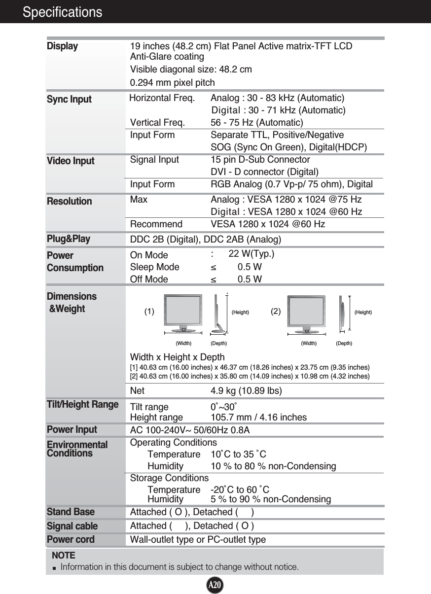 A20A20Specifications NOTEInformation in this document is subject to change without notice.DisplaySync InputVideo InputResolutionPlug&amp;PlayPowerConsumptionDimensions&amp;WeightTilt/Height RangePower InputEnvironmentalConditionsStand BaseSignal cablePower cord 19 inches (48.2 cm) Flat Panel Active matrix-TFT LCD Anti-Glare coatingVisible diagonal size: 48.2 cm0.294 mm pixel pitchHorizontal Freq.      Analog : 30 - 83 kHz (Automatic)Digital : 30 - 71 kHz (Automatic)Vertical Freq. 56 - 75 Hz (Automatic)Input Form Separate TTL, Positive/NegativeSOG (Sync On Green), Digital(HDCP)Signal Input 15 pin D-Sub ConnectorDVI - D connector (Digital)Input Form RGB Analog (0.7 Vp-p/ 75 ohm), DigitalMax Analog : VESA 1280 x 1024 @75 HzDigital : VESA 1280 x 1024 @60 HzRecommend VESA 1280 x 1024 @60 HzDDC 2B (Digital), DDC 2AB (Analog)On Mode :22 W(Typ.)Sleep Mode ≤ 0.5 WOff Mode ≤ 0.5 WWidth x Height x Depth[1] 40.63 cm (16.00 inches) x 46.37 cm (18.26 inches) x 23.75 cm (9.35 inches)[2] 40.63 cm (16.00 inches) x 35.80 cm (14.09 inches) x 10.98 cm (4.32 inches)Net 4.9 kg (10.89 lbs)Tilt range  0˚~30˚Height range  105.7 mm / 4.16 inchesAC 100-240V~ 50/60Hz 0.8A Operating ConditionsTemperature 10˚C to 35 ˚CHumidity 10 % to 80 % non-CondensingStorage ConditionsTemperature -20˚C to 60 ˚CHumidity 5 % to 90 % non-CondensingAttached ( O ), Detached (     )Attached (     ), Detached ( O )Wall-outlet type or PC-outlet type(1) (2)(Height)(Width) (Depth) (Width) (Depth)(Height)
