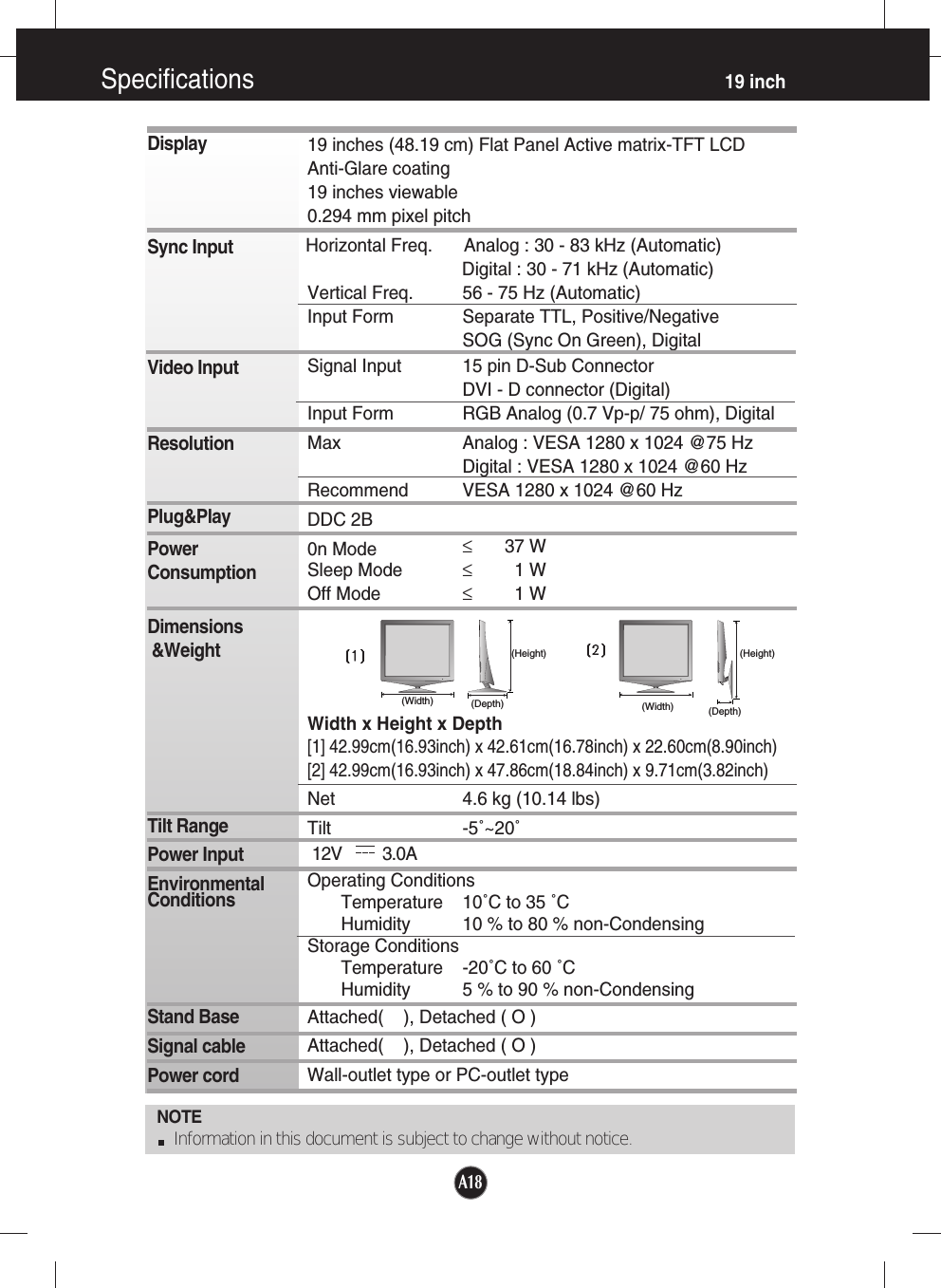 A18Specifications                                                                    19 inchNOTEInformation in this document is subject to change without notice.DisplaySync InputVideo InputResolutionPlug&amp;PlayPowerConsumptionDimensions&amp;WeightTilt RangePower InputEnvironmentalConditionsStand BaseSignal cablePower cord 19 inches (48.19 cm) Flat Panel Active matrix-TFT LCD Anti-Glare coating19 inches viewable0.294 mm pixel pitchHorizontal Freq. Analog : 30 - 83 kHz (Automatic)Digital : 30 - 71 kHz (Automatic)Vertical Freq. 56 - 75 Hz (Automatic)Input Form Separate TTL, Positive/NegativeSOG (Sync On Green), DigitalSignal Input 15 pin D-Sub ConnectorDVI - D connector (Digital)Input Form RGB Analog (0.7 Vp-p/ 75 ohm), DigitalMax Analog : VESA 1280 x 1024 @75 HzDigital : VESA 1280 x 1024 @60 HzRecommend VESA 1280 x 1024 @60 HzDDC 2B0n Mode ≤37 WSleep Mode ≤1 WOff Mode ≤1 WWidth x Height x Depth[1] 42.99cm(16.93inch) x 42.61cm(16.78inch) x 22.60cm(8.90inch)[2] 42.99cm(16.93inch) x 47.86cm(18.84inch) x 9.71cm(3.82inch)Net 4.6 kg (10.14 lbs)Tilt -5˚~20˚12V         3.0AOperating ConditionsTemperature 10˚C to 35 ˚CHumidity 10 % to 80 % non-CondensingStorage ConditionsTemperature -20˚C to 60 ˚CHumidity 5 % to 90 % non-CondensingAttached(    ), Detached ( O )Attached(    ), Detached ( O )Wall-outlet type or PC-outlet typeSOURCESOURCEMENUMENUSET/AUTOSET/AUTOEngineEngine(Width) (Depth)(Height)SOURCESOURCEMENUMENUSET/AUTOSET/AUTOEngineEngine(Width) (Depth)(Height)
