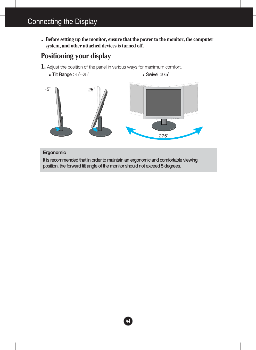 A4Connecting the DisplayBefore setting up the monitor, ensure that the power to the monitor, the computersystem, and other attached devices is turned off. Positioning your display1. Adjust the position of the panel in various ways for maximum comfort.Tilt Range : -5˚~25˚                             Swivel :275˚ErgonomicIt is recommended that in order to maintain an ergonomic and comfortable viewingposition, the forward tilt angle of the monitor should not exceed 5 degrees.