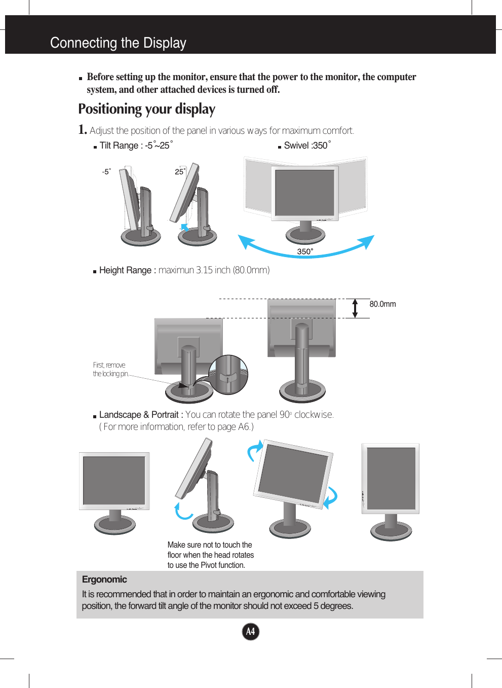 A4Connecting the DisplayBefore setting up the monitor, ensure that the power to the monitor, the computersystem, and other attached devices is turned off. Positioning your display1. Adjust the position of the panel in various ways for maximum comfort.Tilt Range : -5˚~25˚                             Swivel :350˚ErgonomicIt is recommended that in order to maintain an ergonomic and comfortable viewingposition, the forward tilt angle of the monitor should not exceed 5 degrees.Height Range : maximun 3.15 inch (80.0mm)Landscape &amp; Portrait : You can rotate the panel 90o  clockwise. ( For more information, refer to page A6.)Make sure not to touch thefloor when the head rotatesto use the Pivot function.80.0mmFirst, remove the locking pin.