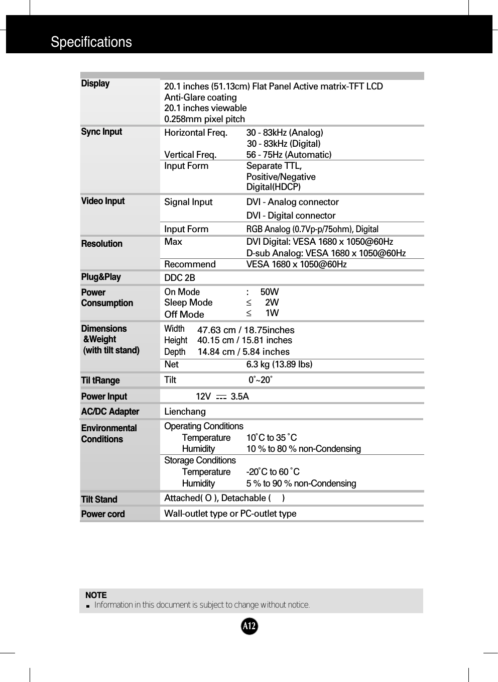 A12Specifications                                                                   NOTEInformation in this document is subject to change without notice.20.1 inches (51.13cm) Flat Panel Active matrix-TFT LCD Anti-Glare coating20.1 inches viewable0.258mm pixel pitchHorizontal Freq. 30 - 83kHz (Analog)30 - 83kHz (Digital)Vertical Freq. 56 - 75Hz (Automatic)Input Form Separate TTL, Positive/NegativeDigital(HDCP)Signal Input DVI - Analog connectorDVI - Digital connectorInput FormRGB Analog (0.7Vp-p/75ohm), DigitalMax DVI Digital: VESA 1680 x 1050@60Hz D-sub Analog: VESA 1680 x 1050@60HzRecommend VESA 1680 x 1050@60HzDDC 2BOn Mode :50WSleep Mode ≤2WOff Mode≤1WWidth 47.63 cm / 18.75inchesHeight 40.15 cm / 15.81 inchesDepth 14.84 cm / 5.84 inches Net 6.3 kg (13.89 lbs)Tilt0˚~20˚12V         3.5ALienchangOperating ConditionsTemperature 10˚C to 35 ˚CHumidity 10 % to 80 % non-CondensingStorage ConditionsTemperature -20˚C to 60 ˚CHumidity 5 % to 90 % non-CondensingAttached( O ), Detachable (     )Wall-outlet type or PC-outlet typeDisplaySync InputVideo InputResolutionPlug&amp;PlayPowerConsumptionDimensions&amp;Weight(with tilt stand)Til tRangePower InputAC/DC AdapterEnvironmentalConditionsTilt StandPower cord