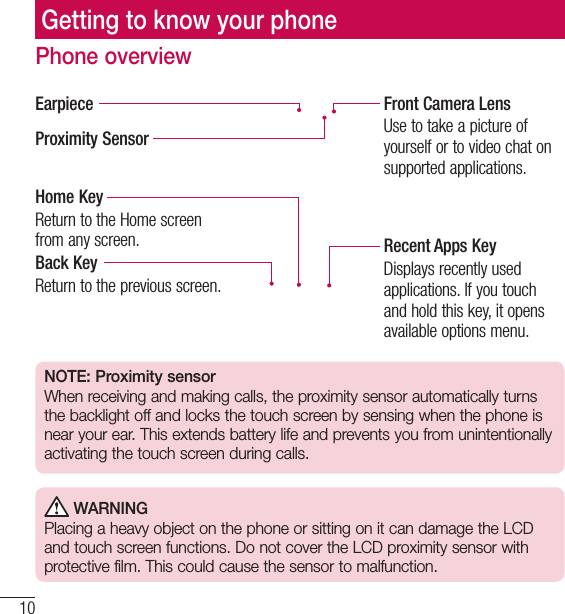 10Phone overviewProximity SensorEarpiece Front Camera LensUse to take a picture of yourself or to video chat on supported applications. Home KeyReturn to the Home screen from any screen.Back KeyReturn to the previous screen.Recent Apps Key Displays recently used applications. If you touch and hold this key, it opens available options menu. NOTE: Proximity sensorWhen receiving and making calls, the proximity sensor automatically turns the backlight off and locks the touch screen by sensing when the phone is near your ear. This extends battery life and prevents you from unintentionally activating the touch screen during calls. WARNINGPlacing a heavy object on the phone or sitting on it can damage the LCD and touch screen functions. Do not cover the LCD proximity sensor with protective film. This could cause the sensor to malfunction.Getting to know your phone