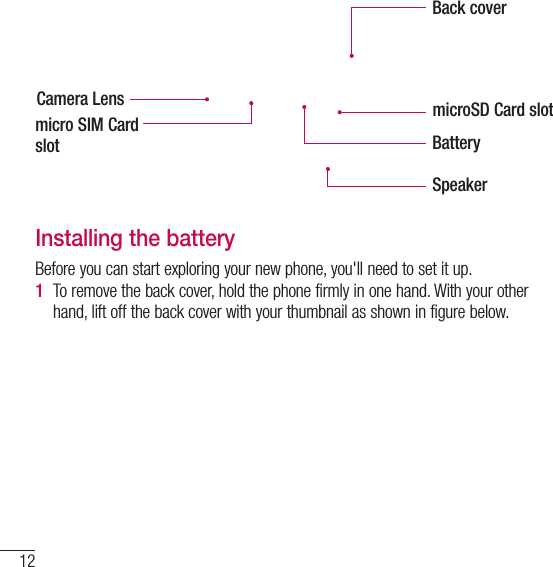 12Getting to know your phoneBack coverBatterymicroSD Card slotmicro SIM Card slotCamera LensSpeakerInstalling the batteryBefore you can start exploring your new phone, you&apos;ll need to set it up. 1  To remove the back cover, hold the phone firmly in one hand. With your other hand, lift off the back cover with your thumbnail as shown in figure below. 