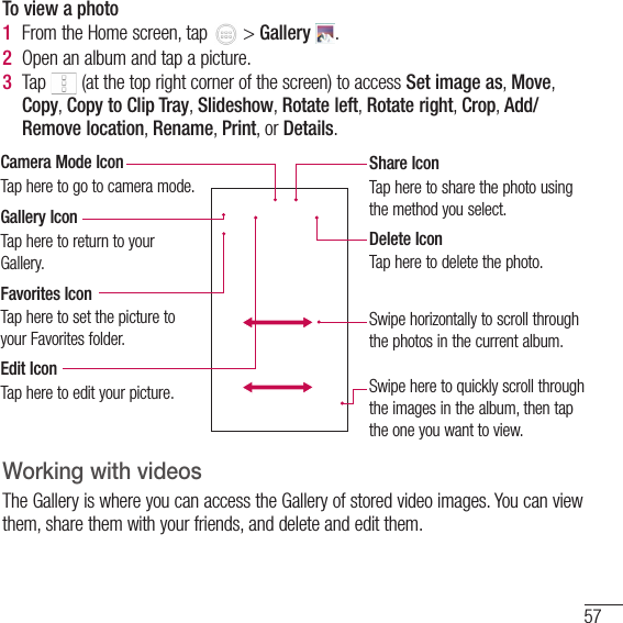 57To view a photo1  From the Home screen, tap   &gt; Gallery  .2  Open an album and tap a picture.3  Tap   (at the top right corner of the screen) to access Set image as, Move, Copy, Copy to Clip Tray, Slideshow, Rotate left, Rotate right, Crop, Add/Remove location, Rename, Print, or Details.Share IconTap here to share the photo using the method you select.Camera Mode IconTap here to go to camera mode.Gallery IconTap here to return to your Gallery.Edit IconTap here to edit your picture.Favorites IconTap here to set the picture to your Favorites folder.Delete IconTap here to delete the photo.Swipe horizontally to scroll through the photos in the current album.Swipe here to quickly scroll through the images in the album, then tap the one you want to view.Working with videosThe Gallery is where you can access the Gallery of stored video images. You can view them, share them with your friends, and delete and edit them.