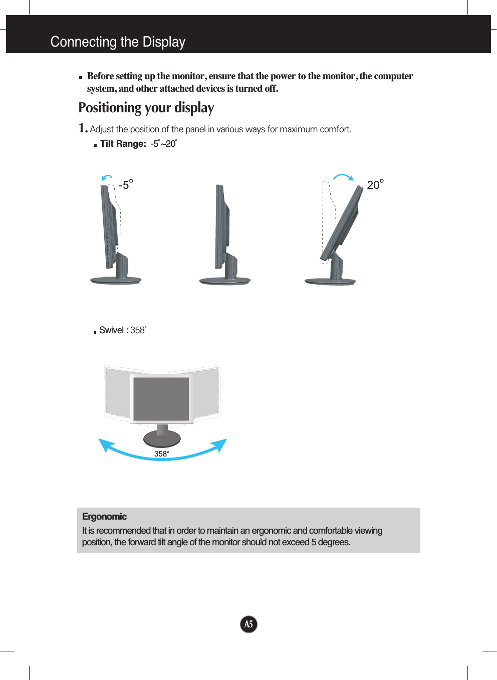 A5Connecting the DisplayBefore setting up the monitor, ensure that the power to the monitor, the computersystem, and other attached devices is turned off. Positioning your display1. Adjust the position of the panel in various ways for maximum comfort.Tilt Range: -5˚~20˚ ErgonomicIt is recommended that in order to maintain an ergonomic and comfortable viewingposition, the forward tilt angle of the monitor should not exceed 5 degrees.Swivel : 358˚   358