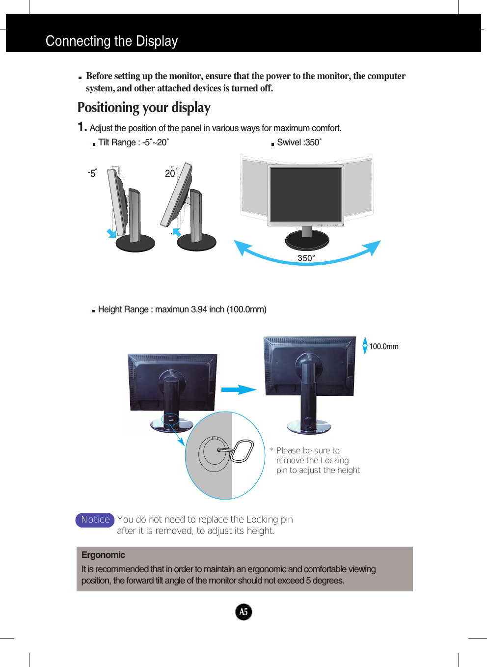 A5Connecting the DisplayBefore setting up the monitor, ensure that the power to the monitor, the computersystem, and other attached devices is turned off. Positioning your display1. Adjust the position of the panel in various ways for maximum comfort.Tilt Range : -5˚~20˚                             Swivel :350˚ErgonomicIt is recommended that in order to maintain an ergonomic and comfortable viewingposition, the forward tilt angle of the monitor should not exceed 5 degrees.Height Range : maximun 3.94 inch (100.0mm)100.0mm* Please be sure to       remove the Locking pin to adjust the height.   Notice You do not need to replace the Locking pinafter it is removed, to adjust its height. 