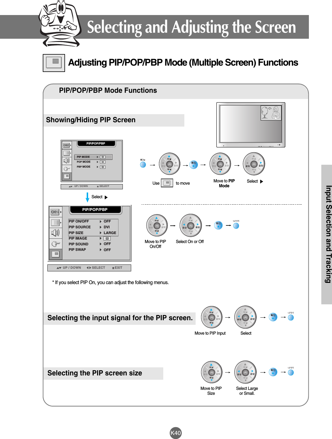 K40Input Selection and TrackingAdjusting PIP/POP/PBP Mode (Multiple Screen) FunctionsPIP/POP/PBP Mode FunctionsShowing/Hiding PIP ScreenSelecting the input signal for the PIP screen.Move to PIPModeSelect Move to PIPOn/OffSelect On or OffMove to PIP Input SelectSelecting the PIP screen sizeMove to PIPSize Select Largeor Small.UP / DOWN SELECTPIP/POP/PBPPBP MODEPOP MODEPIP MODEUP / DOWN SELECT EXITPIP/POP/PBPPIP ON/OFF OFFPIP SOURCE DVIPIP SIZE LARGEPIP IMAGEPIP SOUNDPIP SWAPOFFOFF* If you select PIP On, you can adjust the following menus.Select Selecting and Adjusting the ScreenUse                to move