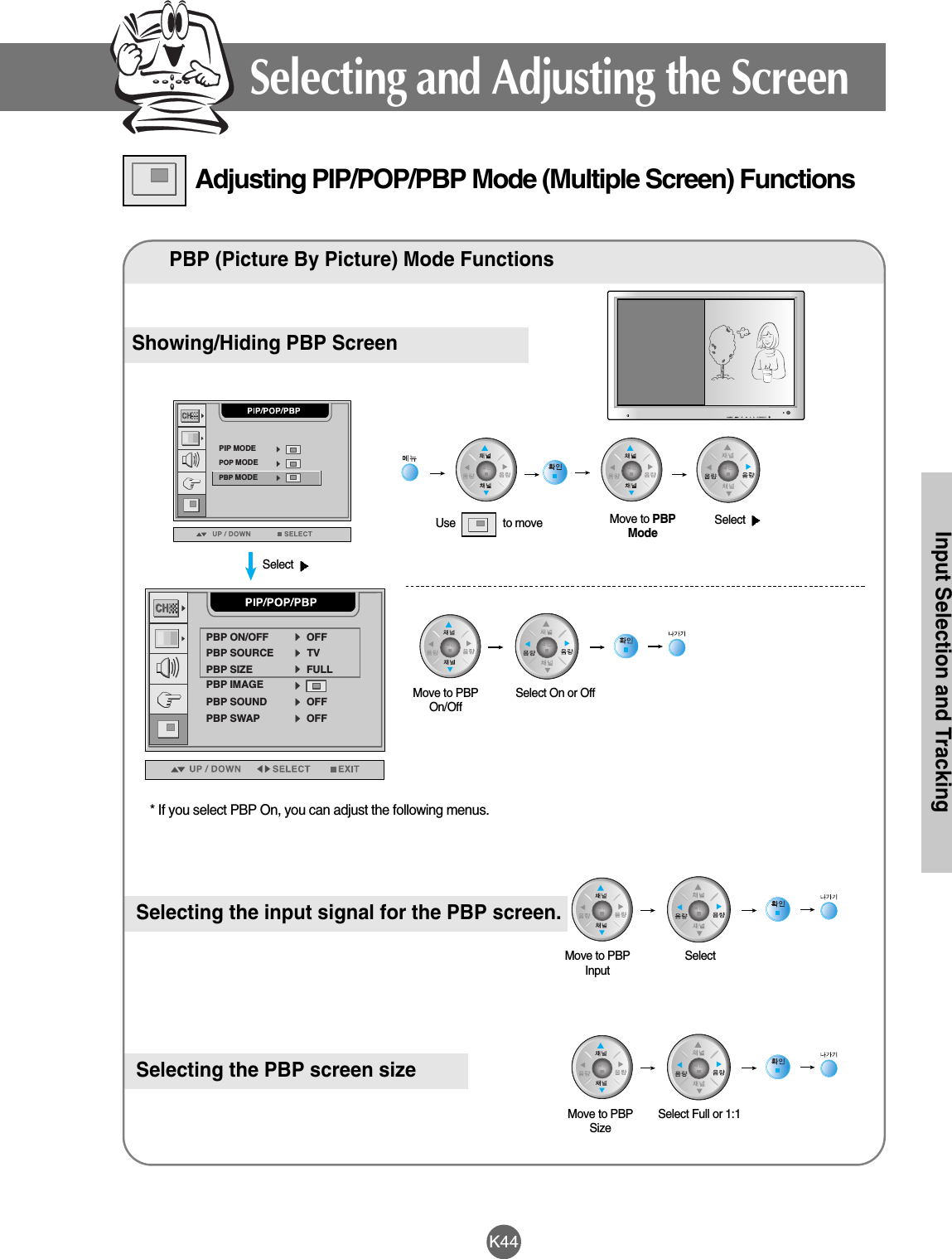 K44Input Selection and TrackingAdjusting PIP/POP/PBP Mode (Multiple Screen) FunctionsPBP (Picture By Picture) Mode FunctionsShowing/Hiding PBP ScreenSelecting the input signal for the PBP screen.Move to PBPModeSelect Move to PBPOn/OffSelect On or OffMove to PBPInputSelect Selecting the PBP screen sizeMove to PBPSize Select Full or 1:1PIP MODEPOP MODEPBP MODETVPBP ON/OFF OFFPBP SOURCEPBP SIZE FULLPBP IMAGEPBP SOUNDPBP SWAPOFFOFF* If you select PBP On, you can adjust the following menus.Select Selecting and Adjusting the ScreenUse                to move