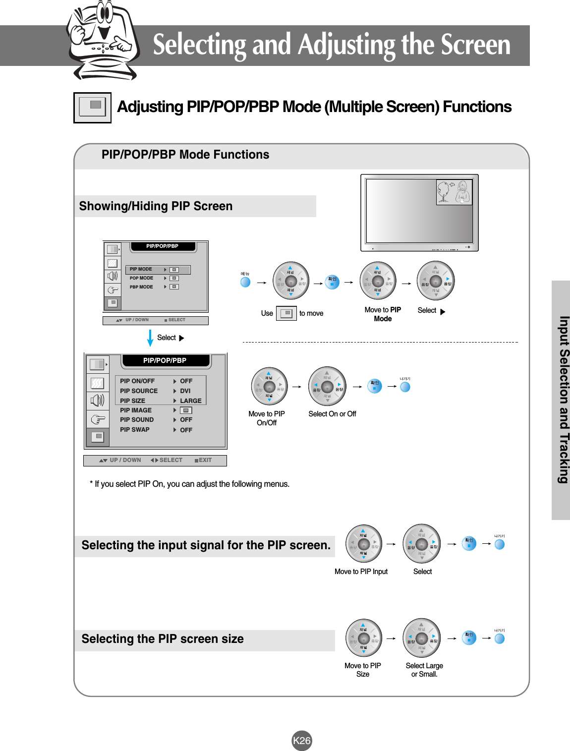 K26Input Selection and TrackingAdjusting PIP/POP/PBP Mode (Multiple Screen) FunctionsPIP/POP/PBP Mode FunctionsShowing/Hiding PIP ScreenSelecting the input signal for the PIP screen.Move to PIPModeSelect Move to PIPOn/OffSelect On or OffMove to PIP Input SelectSelecting the PIP screen sizeMove to PIPSize Select Largeor Small.UP / DOWN SELECTPIP/POP/PBPPBP MODEPOP MODEPIP MODEUP / DOWN SELECT EXITPIP/POP/PBPPIP ON/OFF OFFPIP SOURCE DVIPIP SIZE LARGEPIP IMAGEPIP SOUNDPIP SWAPOFFOFF* If you select PIP On, you can adjust the following menus.Select Selecting and Adjusting the ScreenUse               to move