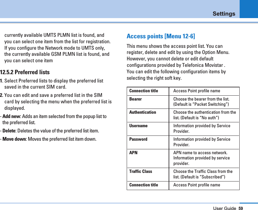 User Guide59currently available UMTS PLMN list is found, andyou can select one item from the list for registration.If you configure the Network mode to UMTS only,the currently available GSM PLMN list is found, andyou can select one item  12.5.2 Preferred lists1. Select Preferred lists to display the preferred listsaved in the current SIM card.2. You can edit and save a preferred list in the SIMcard by selecting the menu when the preferred list isdisplayed. - Add new: Adds an item selected from the popup list tothe preferred list. - Delete: Deletes the value of the preferred list item.- Move down: Moves the preferred list item down. Access points [Menu 12-6]This menu shows the access point list. You canregister, delete and edit by using the Option Menu.However, you cannot delete or edit defaultconfigurations provided by Telefonica Movistar . You can edit the following configuration items byselecting the right soft key.Connection title Access Point profile name Bearer Choose the bearer from the list. (Default is “Packet Switching”)Authentication Choose the authentication from thelist. (Default is “No auth”)Username Information provided by ServiceProvider.Password Information provided by ServiceProvider.APN APN name to access network.Information provided by serviceprovider.Traffic Class Choose the Traffic Class from thelist. (Default is “Subscribed”)Connection title Access Point profile name Settings
