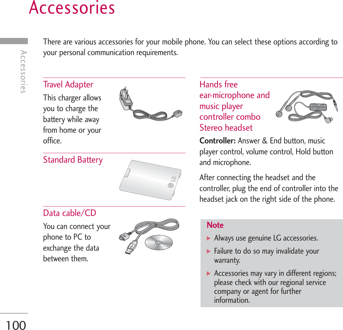 Accessories100AccessoriesThere are various accessories for your mobile phone. You can select these options according toyour personal communication requirements.Travel  A d a pte r  This charger allowsyou to charge thebattery while awayfrom home or youroffice.Standard Battery Data cable/CD You can connect yourphone to PC toexchange the databetween them. Hands free ear-microphone andmusic playercontroller comboStereo headsetController: Answer &amp; End button, musicplayer control, volume control, Hold buttonand microphone.After connecting the headset and thecontroller, plug the end of controller into theheadset jack on the right side of the phone.Note] Always use genuine LG accessories.] Failure to do so may invalidate yourwarranty.] Accessories may vary in different regions;please check with our regional servicecompany or agent for furtherinformation.