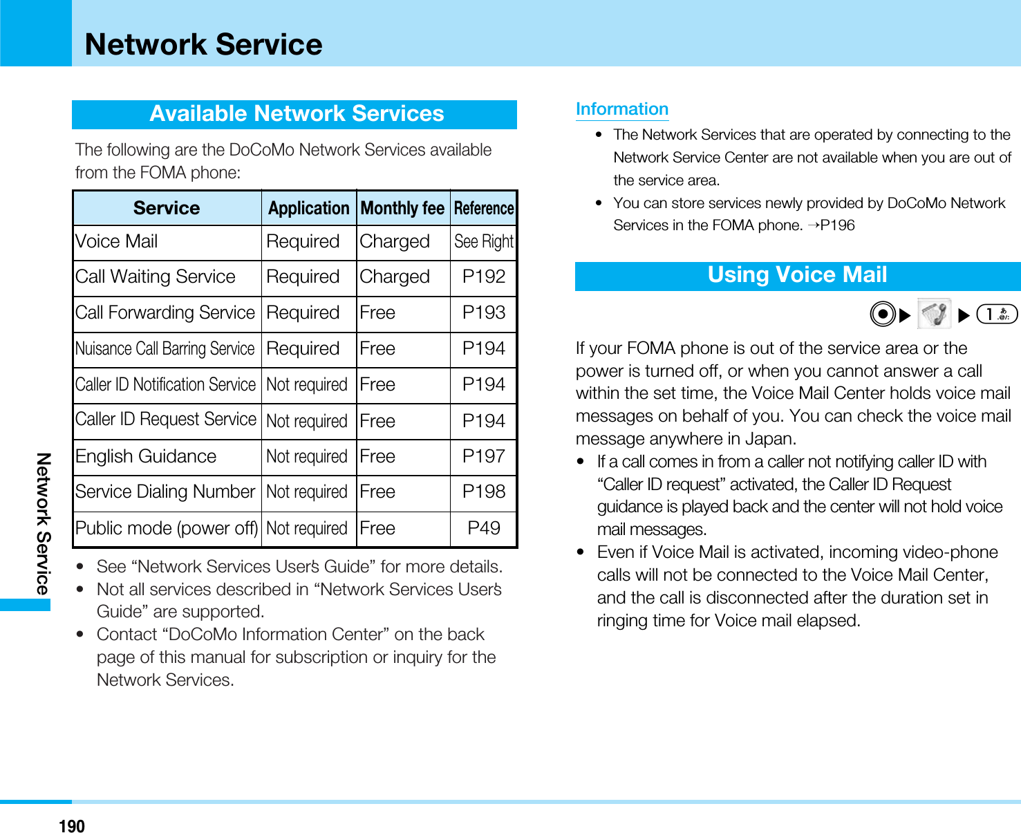 Available Network ServicesThe following are the DoCoMo Network Services availablefrom the FOMA phone:• See “Network Services User&apos;s Guide” for more details.• Not all services described in “Network Services User&apos;sGuide” are supported.• Contact “DoCoMo Information Center” on the backpage of this manual for subscription or inquiry for theNetwork Services.Information• The Network Services that are operated by connecting to theNetwork Service Center are not available when you are out ofthe service area.• You can store services newly provided by DoCoMo NetworkServices in the FOMA phone. &gt;P196Using Voice MailC]]1If your FOMA phone is out of the service area or thepower is turned off, or when you cannot answer a callwithin the set time, the Voice Mail Center holds voice mailmessages on behalf of you. You can check the voice mailmessage anywhere in Japan.•If a call comes in from a caller not notifying caller ID with“Caller ID request” activated, the Caller ID Requestguidance is played back and the center will not hold voicemail messages.• Even if Voice Mail is activated, incoming video-phonecalls will not be connected to the Voice Mail Center,and the call is disconnected after the duration set inringing time for Voice mail elapsed.190Network ServiceNetwork ServiceServiceReferenceMonthly feeApplicationVoice MailSee RightChargedRequiredCall Waiting Service P192ChargedRequiredCall Forwarding ServiceP193FreeRequiredNuisance Call Barring ServiceP194FreeRequiredP194FreeNot requiredCaller ID Notification ServiceP194FreeNot requiredEnglish GuidanceNot requiredFree P197Service Dialing NumberNot requiredFree P198Caller ID Request ServicePublic mode (power off)Not requiredFree P49
