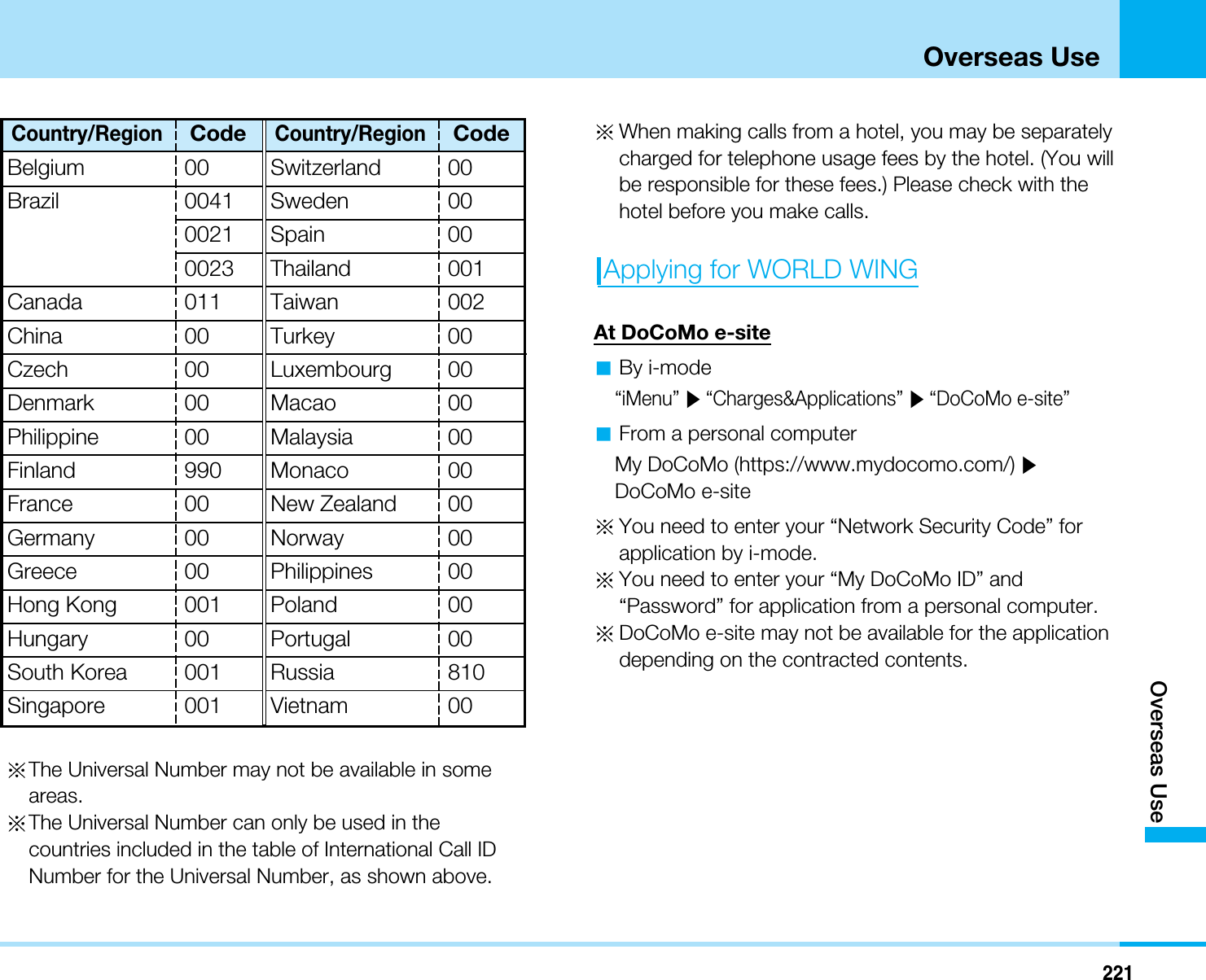 221Overseas UseOverseas UseThe Universal Number may not be available in someareas.The Universal Number can only be used in thecountries included in the table of International Call IDNumber for the Universal Number, as shown above.When making calls from a hotel, you may be separatelycharged for telephone usage fees by the hotel. (You willbe responsible for these fees.) Please check with thehotel before you make calls.Applying for WORLD WINGAt DoCoMo e-siteaBy i-mode“iMenu” ]“Charges&amp;Applications” ]“DoCoMo e-site”aFrom a personal computerMy DoCoMo (https://www.mydocomo.com/)]DoCoMo e-siteYou need to enter your “Network Security Code” forapplication by i-mode.You need to enter your “My DoCoMo ID” and“Password” for application from a personal computer.DoCoMo e-site may not be available for the applicationdepending on the contracted contents.Country/RegionCodeBelgium 00Brazil 004100210023Country/RegionCodeSwitzerland 00Sweden 00Spain 00ThailandTaiwanTurkey001Canada 011 002China 00 00Czech 00 Luxembourg 00Denmark 00 Macao 0000 Malaysia 00990 Monaco 00France 00 New Zealand 00Germany 00 Norway 00Greece 00 Philippines 00Hong Kong 001 Poland 00HungarySouth Korea00001Portugal 00Russia 810Singapore 001 Vietnam 00PhilippineFinland