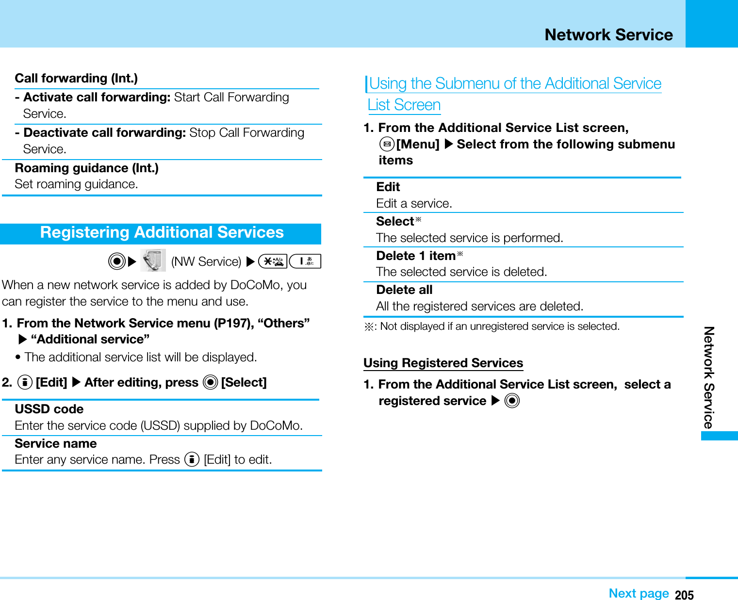 205Network ServiceNext page Network ServiceCall forwarding (Int.)- Activate call forwarding: Start Call ForwardingService.- Deactivate call forwarding: Stop Call ForwardingService.Roaming guidance (Int.)Set roaming guidance.Registering Additional ServicesC](NW Service) ]*1When a new network service is added by DoCoMo, youcan register the service to the menu and use.1. From the Network Service menu (P197), “Others”]“Additional service”• The additional service list will be displayed.2. I[Edit] ]After editing, press C[Select]USSD codeEnter the service code (USSD) supplied by DoCoMo.Service nameEnter any service name. Press I[Edit] to edit.Using the Submenu of the Additional Service List Screen1. From the Additional Service List screen,M[Menu] ]Select from the following submenuitemsEditEdit a service.SelectThe selected service is performed.Delete 1 itemThe selected service is deleted.Delete allAll the registered services are deleted.: Not displayed if an unregistered service is selected.Using Registered Services1. From the Additional Service List screen, select aregistered service ]C