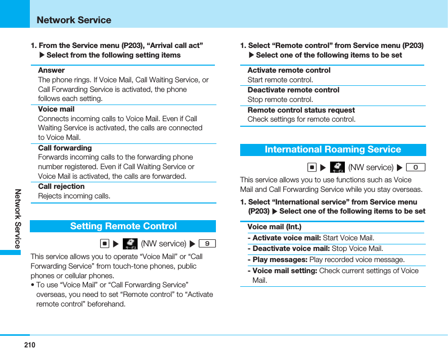 210Network ServiceNetwork Service1. From the Service menu (P203), “Arrival call act”]Select from the following setting itemsAnswerThe phone rings. If Voice Mail, Call Waiting Service, orCall Forwarding Service is activated, the phonefollows each setting.Voice mailConnects incoming calls to Voice Mail. Even if CallWaiting Service is activated, the calls are connectedto Voice Mail.Call forwardingForwards incoming calls to the forwarding phonenumber registered. Even if Call Waiting Service orVoice Mail is activated, the calls are forwarded.Call rejectionRejects incoming calls.Setting Remote ControlC](NW service) ]9This service allows you to operate “Voice Mail” or “CallForwarding Service” from touch-tone phones, publicphones or cellular phones.• To use “Voice Mail” or “Call Forwarding Service”overseas, you need to set “Remote control” to “Activateremote control” beforehand.1. Select “Remote control” from Service menu (P203)]Select one of the following items to be setActivate remote controlStart remote control.Deactivate remote controlStop remote control.Remote control status requestCheck settings for remote control.International Roaming ServiceC](NW service) ]0This service allows you to use functions such as VoiceMail and Call Forwarding Service while you stay overseas.1. Select “International service” from Service menu(P203) ]Select one of the following items to be setVoice mail (Int.)- Activate voice mail: Start Voice Mail.- Deactivate voice mail: Stop Voice Mail.- Play messages: Play recorded voice message.- Voice mail setting: Check current settings of VoiceMail.