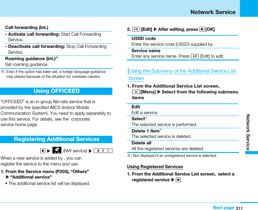 211Network ServiceNext page Network ServiceCall forwarding (Int.)- Activate call forwarding: Start Call ForwardingService.- Deactivate call forwarding: Stop Call ForwardingService.Roaming guidance (Int.)※Set roaming guidance.※: Even if the option has been set, a foreign language guidancemay played because of the situation for overseas carriers.Using OFFICEED“OFFICEED” is an in-group flat-rate service that isprovided by the specified IMCS (Indoor MobileCommunication System). You need to apply separately touse this service. For details, see the  corporateservice home pageRegistering Additional ServicesC](NW service) ]*1When a new service is added by , you canregister the service to the menu and use.1. From the Service menu (P203), “Others”]“Additional service”• The additional service list will be displayed.2. I[Edit] ]After editing, press C[OK]USSD codeEnter the service code (USSD) supplied by .Service nameEnter any service name. Press I[Edit] to edit.Using the Submenu of the Additional Service ListScreen1. From the Additional Service List screen,M[Menu] ]Select from the following submenuitemsEditEdit a service.Select※The selected service is performed.Delete 1 item※The selected service is deleted.Delete allAll the registered services are deleted.※: Not displayed if an unregistered service is selected.Using Registered Services1. From the Additional Service List screen, select aregistered service ]C
