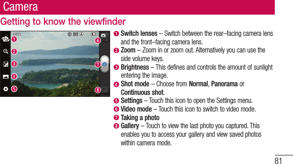 81CameraGetting to know the viewfinderSwitch lenses–Switchbetweentherear–facingcameralensandthefront–facingcameralens. Zoom–Zoominorzoomout.Alternativelyyoucanusethesidevolumekeys. Brightness–Thisdefinesandcontrolstheamountofsunlightenteringtheimage. Shot mode–ChoosefromNormal,PanoramaorContinuous shot. Settings–TouchthisicontoopentheSettingsmenu.Video mode–Touchthisicontoswitchtovideomode.Taking a photo Gallery–Touchtoviewthelastphotoyoucaptured.Thisenablesyoutoaccessyourgalleryandviewsavedphotoswithincameramode.